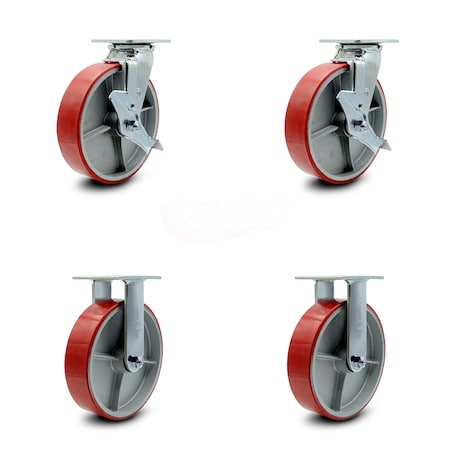 Service Caster 8 Inch Red Poly on Cast Iron Caster Set with Ball Bearings 2 Brakes 2 Rigid SCC SCC-30CS820-PUB-RS-TLB-2-R820-2